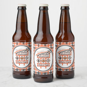 Retro Vintage Halloween Sign –Trick or Treat Plaid Beer Bottle Label