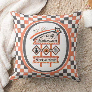 Retro Vintage Halloween Sign –Trick or Treat Plaid Cushion