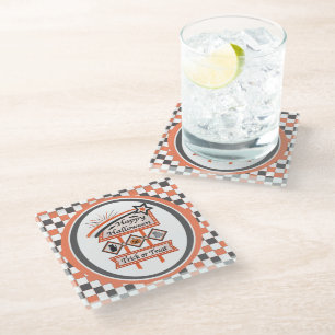 Retro Vintage Halloween Sign –Trick or Treat Plaid Glass Coaster