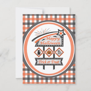 Retro Vintage Halloween Sign –Trick or Treat Plaid Postcard