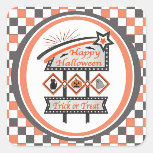 Retro Vintage Halloween Sign –Trick or Treat Plaid Square Sticker