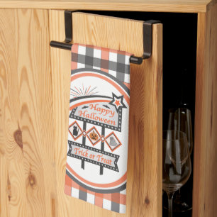 Retro Vintage Halloween Sign –Trick or Treat Plaid Tea Towel