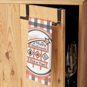 Retro Vintage Halloween Sign –Trick or Treat Plaid Tea Towel