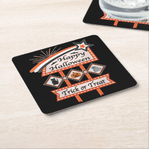 Retro Vintage Halloween Sign – Trick or Treat Square Paper Coaster