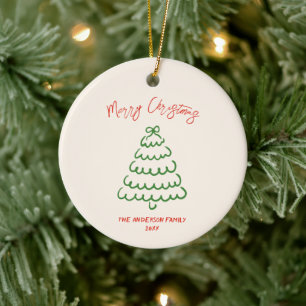 Retro Vintage Hand Drawn Bow Tree Unique Christmas Ceramic Ornament