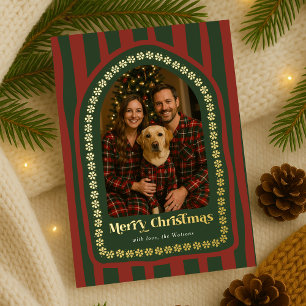 Retro Vintage Hand Drawn Red Green Arch Photo Foil Holiday Card