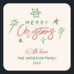 Retro Vintage Hand Drawn Stars Merry Christmas Square Sticker<br><div class="desc">If you are looking for a unique and beautiful and easy editable Christmas sticker. This one is perfect for you. And as you see the design features a red Whimsical hand written calligraphy of CHRISTMAS. And green hand stars .</div>