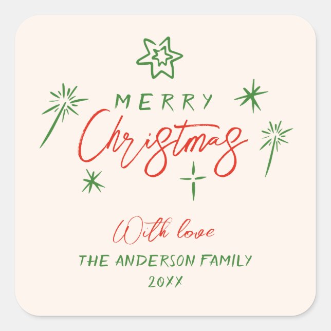 Retro Vintage Hand Drawn Stars Merry Christmas Square Sticker (Front)