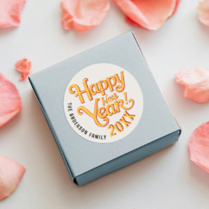 Retro Vintage Happy New Year Yellow Script Typo Classic Round Sticker