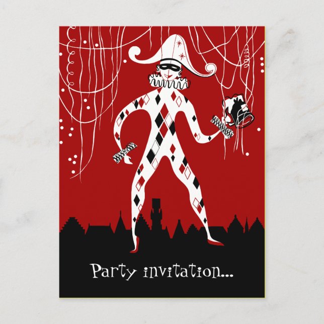 Retro vintage harlequin clown confetti party invitation postcard (Front)
