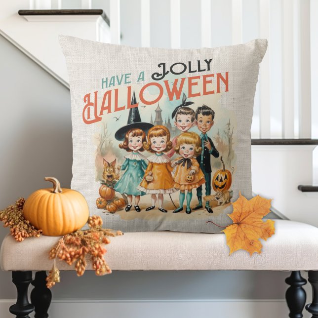 Retro Vintage Have A Jolly Halloween Cushion (Vintage 'Have A Jolly Halloween' Throw Pillow With Retro Looking Trick-or-Treater Kids.)