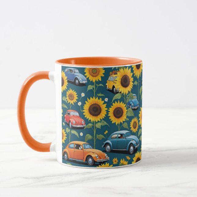 Retro Vintage Hippie Beetle Bug Cars & Sunflowers Mug (Left)