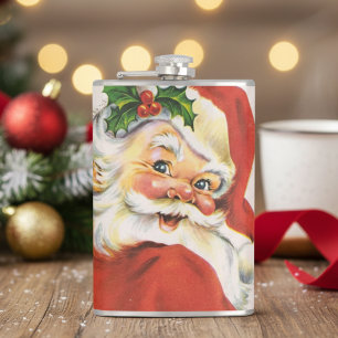 Retro Vintage Holly Jolly Santa Claus Christmas Hip Flask