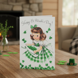 Retro Vintage Irish Lassie with Shamrocks Holiday Card