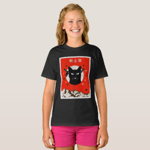 Retro Vintage Japanese Samurai black Cat Art T-Shirt