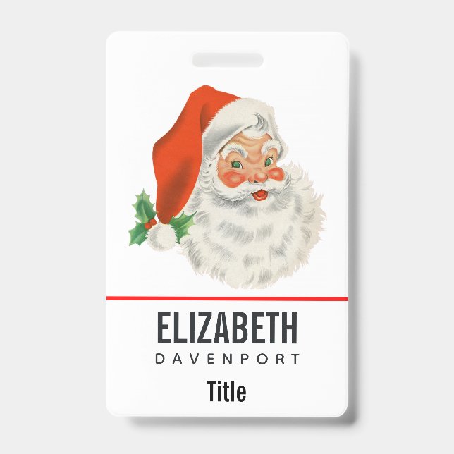 Retro Vintage Jolly Santa Claus Christmas ID Badge (Front)