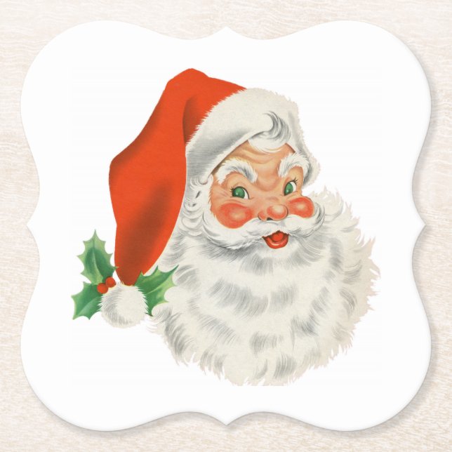 Retro Vintage Jolly Santa Claus Christmas Paper Coaster (Front)