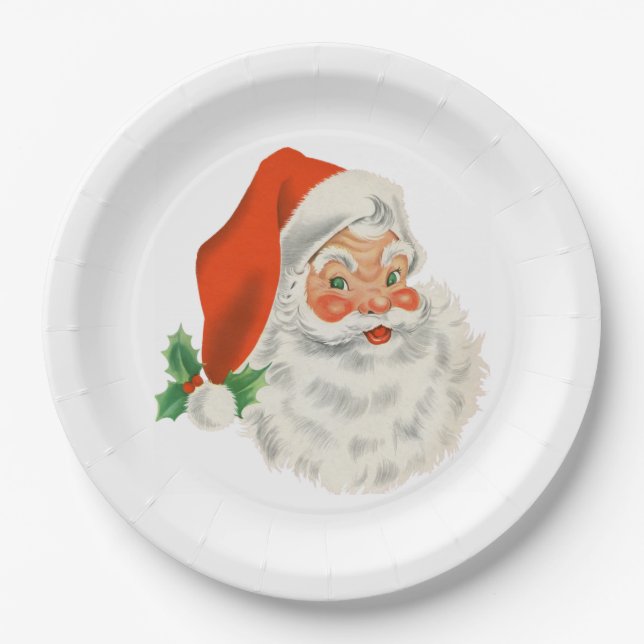 Retro Vintage Jolly Santa Claus Christmas Paper Plate (Front)