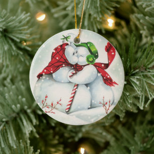 retro vintage kissing snow couple Holiday Ceramic Ornament