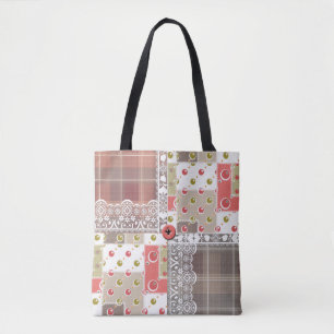 Retro vintage lace plaid chequered patchwork boho tote bag