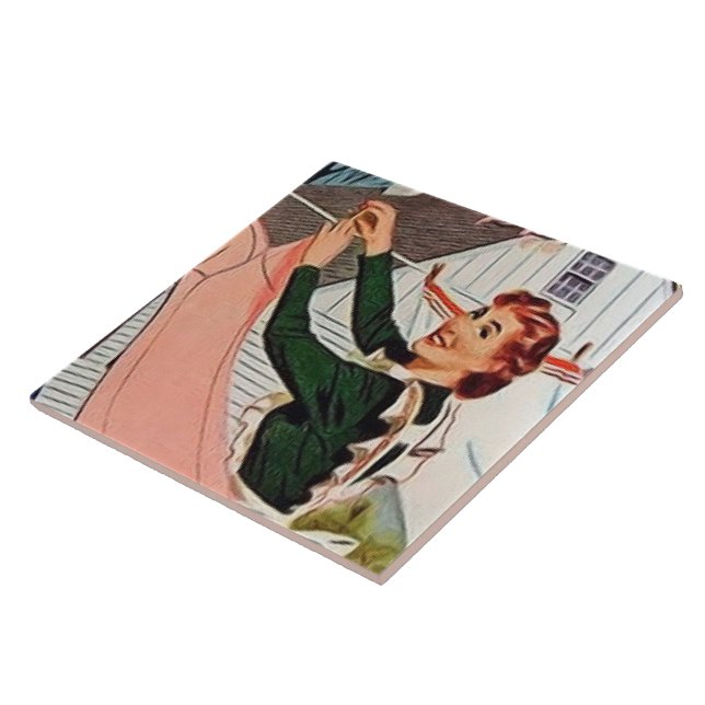 retro vintage laundry lady  ceramic tile (Side)
