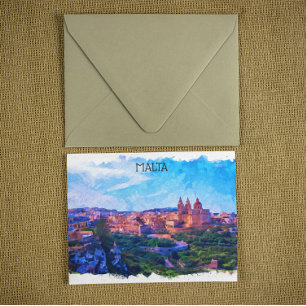 Retro Vintage Malta panorama Watercolor view Postcard