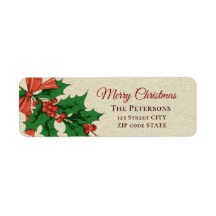 Retro Vintage Merry Christmas Holly Bow Name Return Address Label