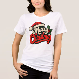 Retro Vintage Merry Christmas Santa Hat Holly Tri-Blend Shirt