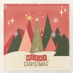 Retro/Vintage Merry Christmas tree Glass Coaster