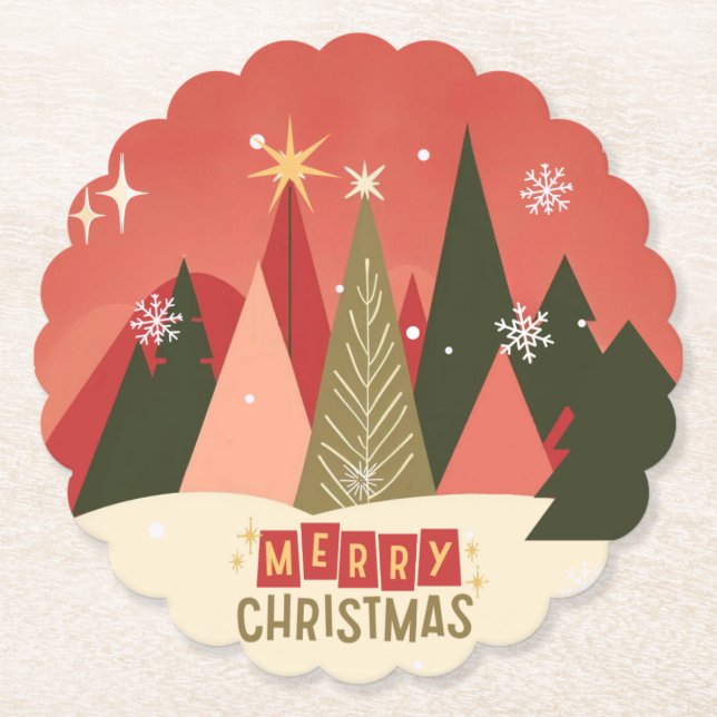 Retro/Vintage Merry Christmas tree Paper Coaster (Front)