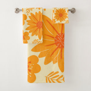 Retro Vintage Mid Century Orange Flower Pattern Bath Towel Set