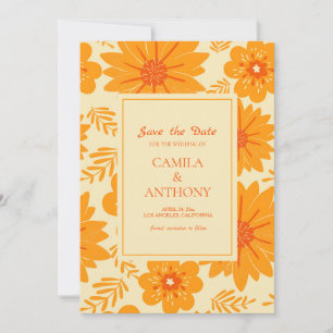 Retro Vintage Mid Century Orange Flower Pattern Save The Date