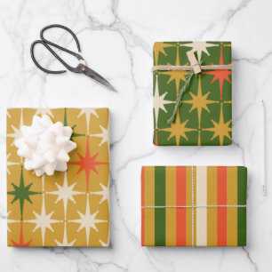 Retro Vintage Mid-Century Star Pattern Green Ochre Wrapping Paper Sheet