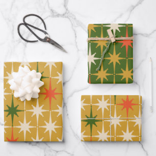 Retro Vintage Mid-Century Star Pattern Green Ochre Wrapping Paper Sheet