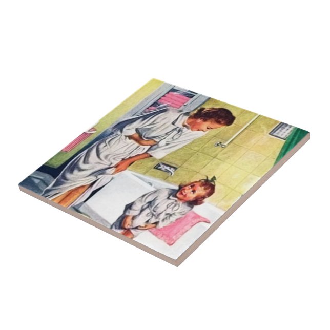 retro vintage Mum Daughter Bathroom Ceramic Tile (Side)