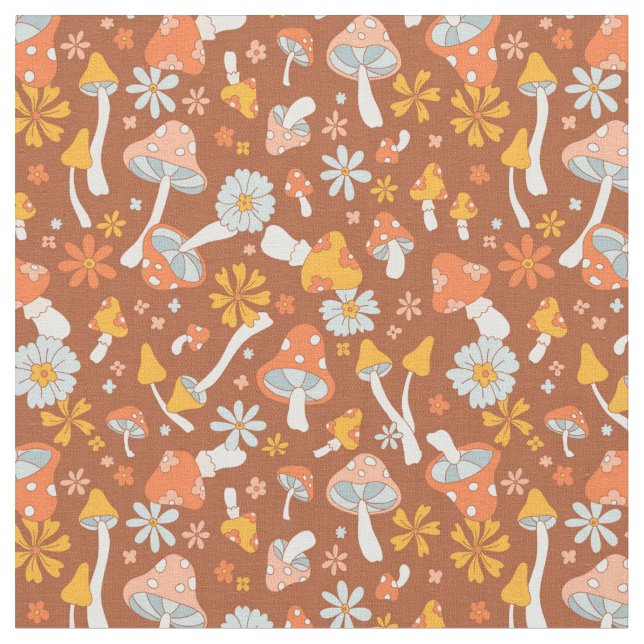 Retro Vintage Mushroom Flower Pattern Fabric (Close Up)