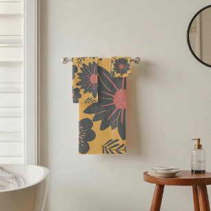 Retro Vintage Mustard Black Red Floral Bath Towel Set