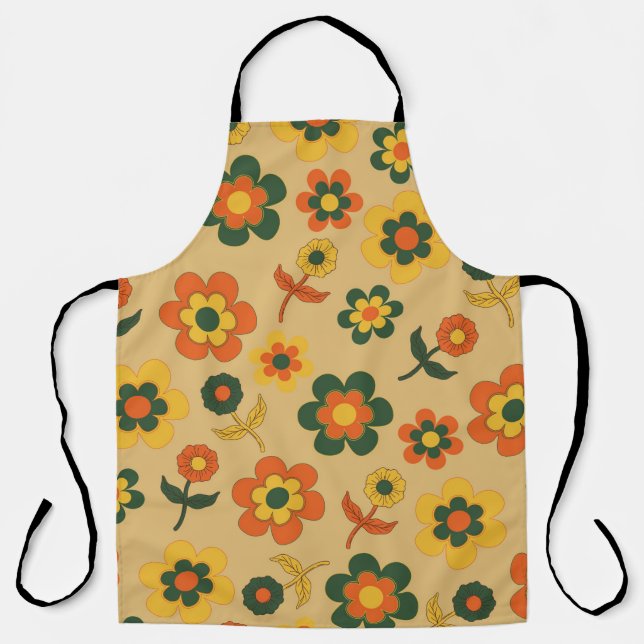 Retro Vintage Orange 70s Flower Pattern Apron (Front)