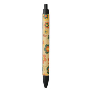 Retro Vintage Orange 70s Flower Pattern Black Ink Pen
