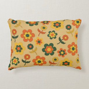 Retro Vintage Orange 70s Flower Pattern Decorative Cushion