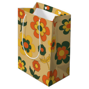 Retro Vintage Orange 70s Flower Pattern Medium Gift Bag