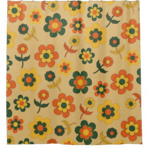 Retro Vintage Orange 70s Flower Pattern Shower Curtain