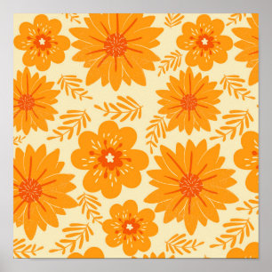 Retro Vintage Orange Botanical Flower Pattern Fall Poster