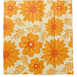 Retro Vintage Orange Botanical Flower Pattern Fall Shower Curtain