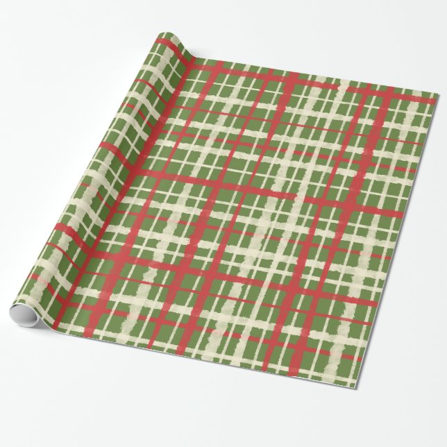 Retro Vintage Painted Plaid Christmas Pattern Wrapping Paper (Unrolled)