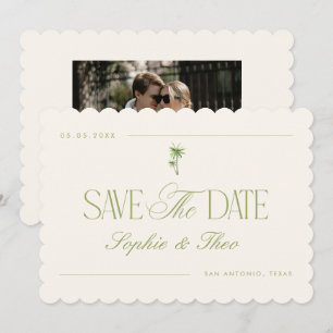 Retro Vintage Palm Tree Ivory and Green Wedding Save The Date