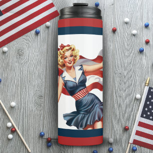 Retro Vintage Patriotic Girl with American Flag Thermal Tumbler
