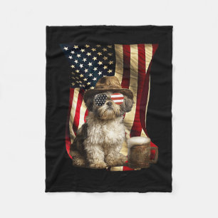 Retro Vintage Patriotic Shih Tzu Dog Usa Flag July Fleece Blanket