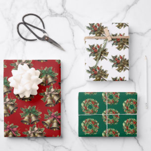 Retro Vintage Patterns Bells Wreaths and Holly  Wrapping Paper Sheet