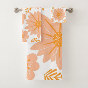 Retro Vintage Peach Fuzz Orange Flower Pattern Bath Towel Set